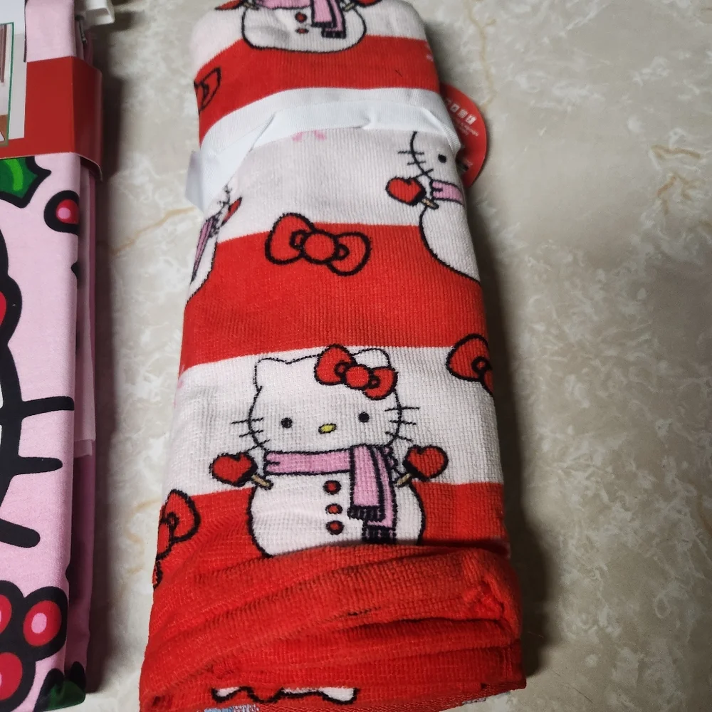 Hello Kitty Christmas Bathroom Shower Set Curtain Hooks and 2pc Towel Set New